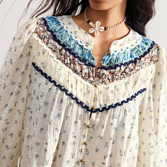 Blue Boho Casual Women's Country Vacation Woven Print Long Sleeve Loose Blouse - Picture 5 of 8